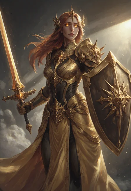 score_9, score_8_up,score_7_up, score_6_up, score_5_up, score_4_up, photorealism, realistic, backlighting, sunlight, sunbeam, sun
BREAK 1girl, leona \(lol\), gold armor, tan body, toned, headdress, bodysuit, pelvic curtain, long skirt, sword and shield, glowing aura, glowing eyes, gold eyes
<lora:saltboi_ponyXL_v10:0.6> <lora:SwordAndShield_ponyXL_v10:1>