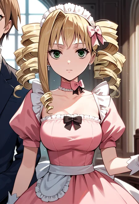 score_9, score_8_up, score_7_up, source_anime, ELIZABETH MIDFORD, DRILL HAIR, TWIN DRILLS, long hair, multiple girls, blonde hair, brown hair, gloves, dress, bow, 2girls, brown eyes, jewelry, green eyes, earrings, choker, maid, drill hair, pink dress