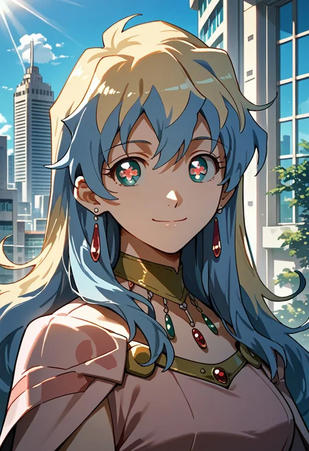 score_9,score_8_up,score_7_up,source_anime, Nia Teppelin (Timeskip),1girl,solo,looking at viewer,smile,closed mouth,jewelry,upper body,earrings,sky,day,symbol-shaped pupils,sunlight,building,light rays,city,cross-shaped pupils,skyscraper,