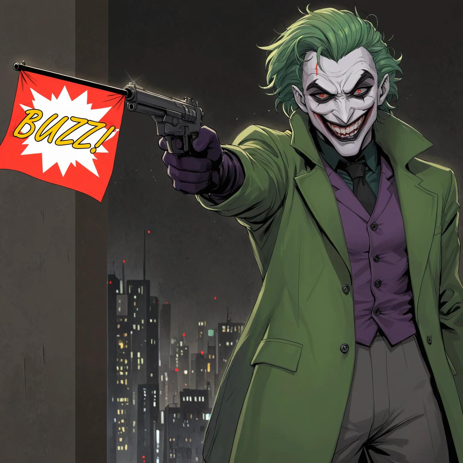 detailed background, masterpiece, great quality, male, solo, male focus, joker, villain, DCAU, comic book, batman, green hair, red eyes, smiling, purple jacket, green undershirt, purple gloves, black lips, cartoon, smirk, standing, pointing gun, city, inside, dark, light above, interior lighting, laughing,