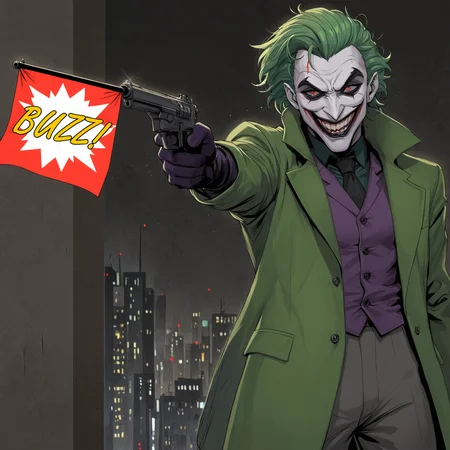 detailed background, masterpiece, great quality, male, solo, male focus, joker, villain, DCAU, comic book, batman, green hair, red eyes, smiling, purple jacket, green undershirt, purple gloves, black lips, cartoon, smirk, standing, pointing gun, city, inside, dark, light above, interior lighting, laughing,
