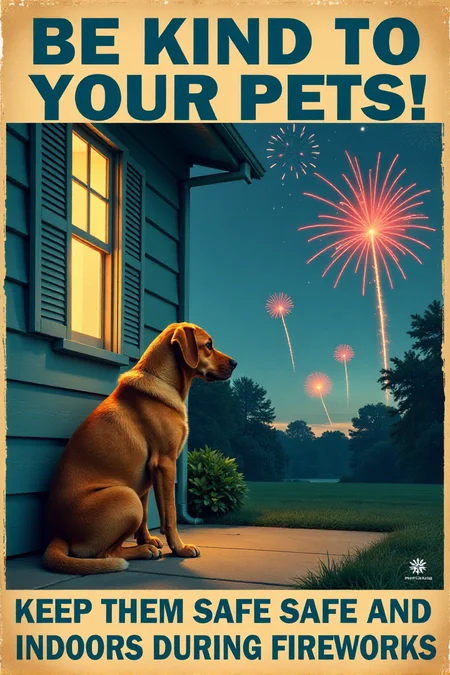 A vintage-style poster featuring a sad-looking dog cowering inside a house with closed windows, while colorful fireworks explode safely in the distance outside. The text in a gentle, blue font reads: "BE KIND TO YOUR PETS! Keep Them Safe and Indoors During Fireworks." Emphasize the importance of animal safety during celebrations. <lora:REMEs_War_Poster_Style:0.95> In REME's War Poster Style,âââ