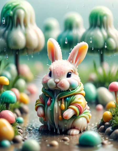 tilt-shift photo of selective focus, miniature effect, blurred background, highly detailed, vibrant, perspective control, natural Tilt Shot (Whimsically artistic) , adorable extra (fluffy: 1.3) chubby miniature bunny wearing an ral-highvis rain coat, wet grassland, tiny rocks, magical, macro photography, (enchanting:1.3), (luminous:1.2), (oversized flora:1.1), mystical, vibrant photography, shimmering light, dreamy, whimsical, serene, soft-focus, hyper-detailed digital art, rain, clouds, ral-bubblegum <lora:ral-bubblegum-sdxl:1> ral-bubblegum landscape