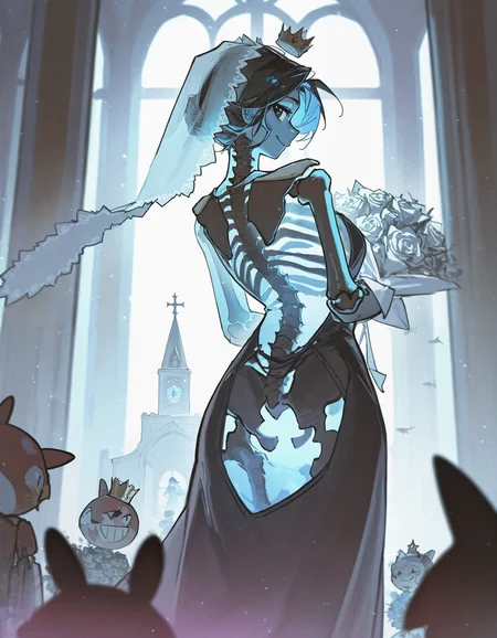 masterpiece, newest,
alzi xiaomi, sharkhunt,
1girl, see-through body, skeleton, clutter,
dress, robot girl,
church, holding bouquet, crown, veil, from behind, looking back, smile, light particles
<lora:concept_hollowbody-ill_1:1>