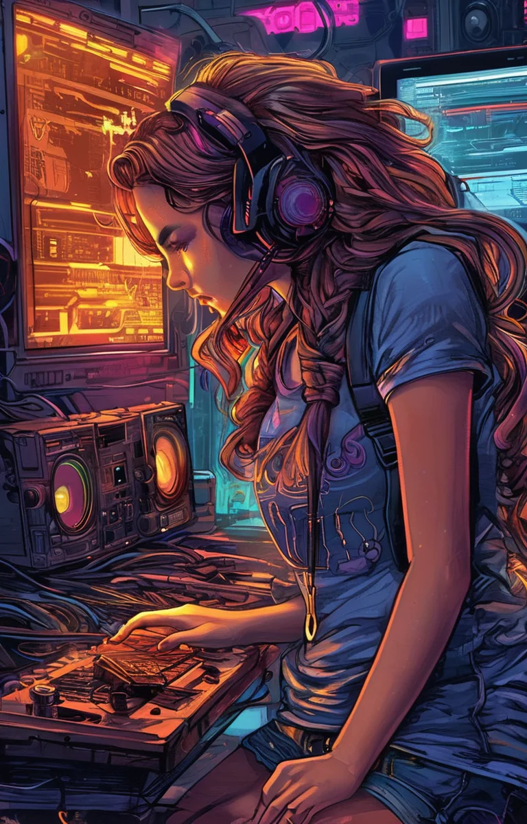 masterpiece,best quality,<lora:tbh160-sdxl:0.9>,illustration,style of Dan Mumford tech genius teenage girl