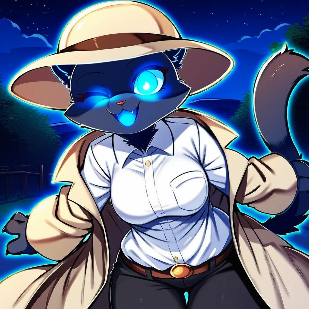 Furry, 1 girl, black fur, beige coat, beige hat, black pants, white shirt, blue eyes, blue mouth, outdoors night, one eye closed, ((glowing eyes))