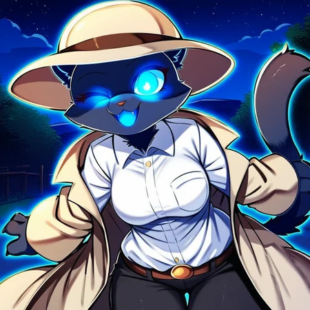 Furry, 1 girl, black fur, beige coat, beige hat, black pants, white shirt, blue eyes, blue mouth, outdoors night, one eye closed, ((glowing eyes))