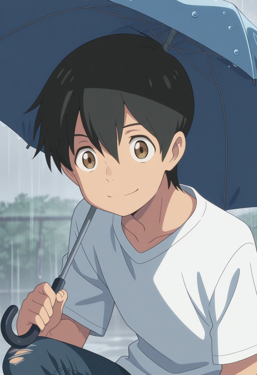 masterpiece,best quality,amazing quality, source_anime,
HodakaMorishima, 1boy, male focus, solo, brown eyes, black hair, hair between eyes, shirt, white shirt, t-shirt, jeans, smile, umbrella, rain, portrait,