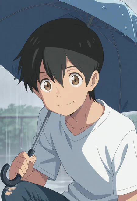 masterpiece,best quality,amazing quality, source_anime,
HodakaMorishima, 1boy, male focus, solo, brown eyes, black hair, hair between eyes, shirt, white shirt, t-shirt, jeans, smile, umbrella, rain, portrait,