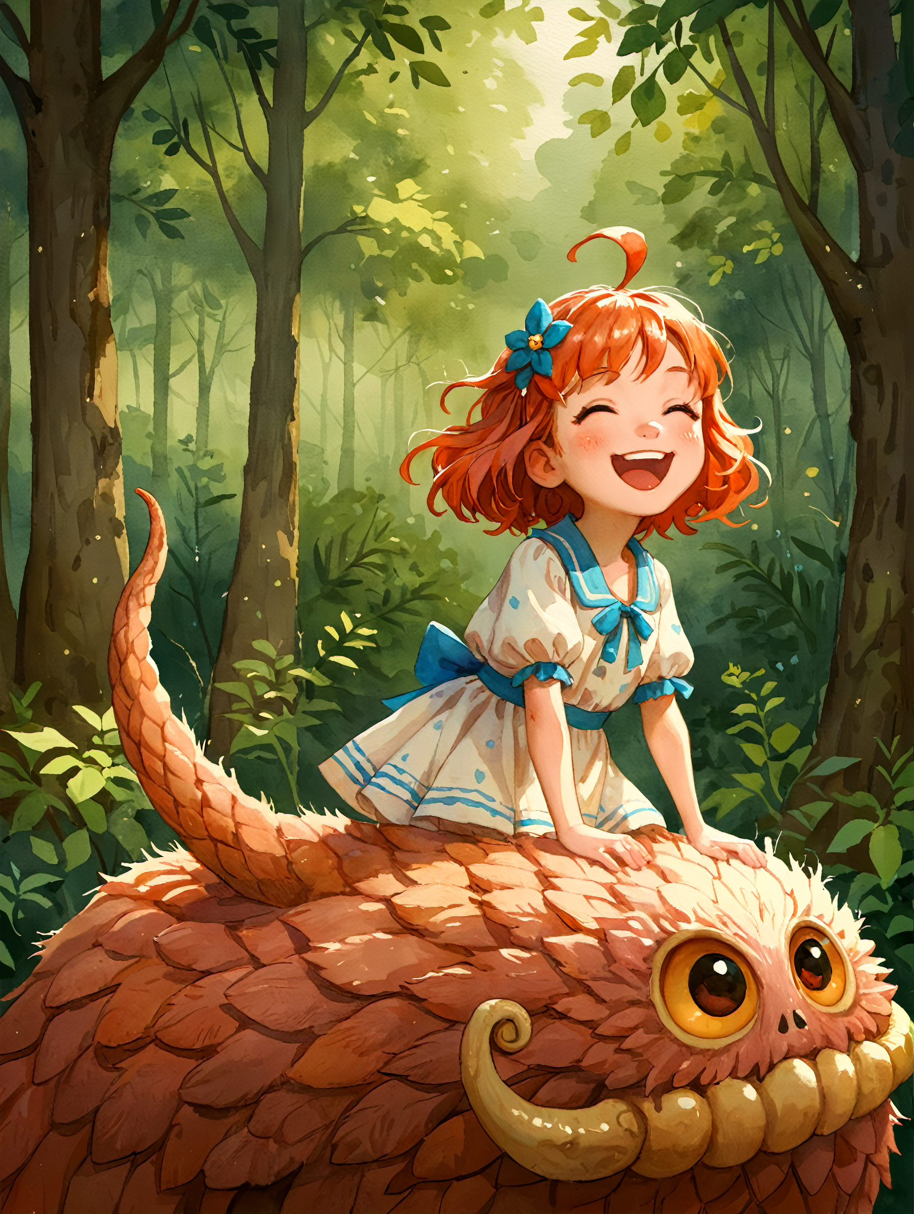 (score_9, score_8_up, score_7_up:1.1),score_6_up,score_5_up,score_4_up,rating_safe,young girl,detailed face,happy,hair ornament,cute dress,riding a cute hairy monster,happy monster,enchated forest,<lora:adilson-farias-sdxl-v1:0.7>,a painting,in the style of adilson-farias,watercolor,