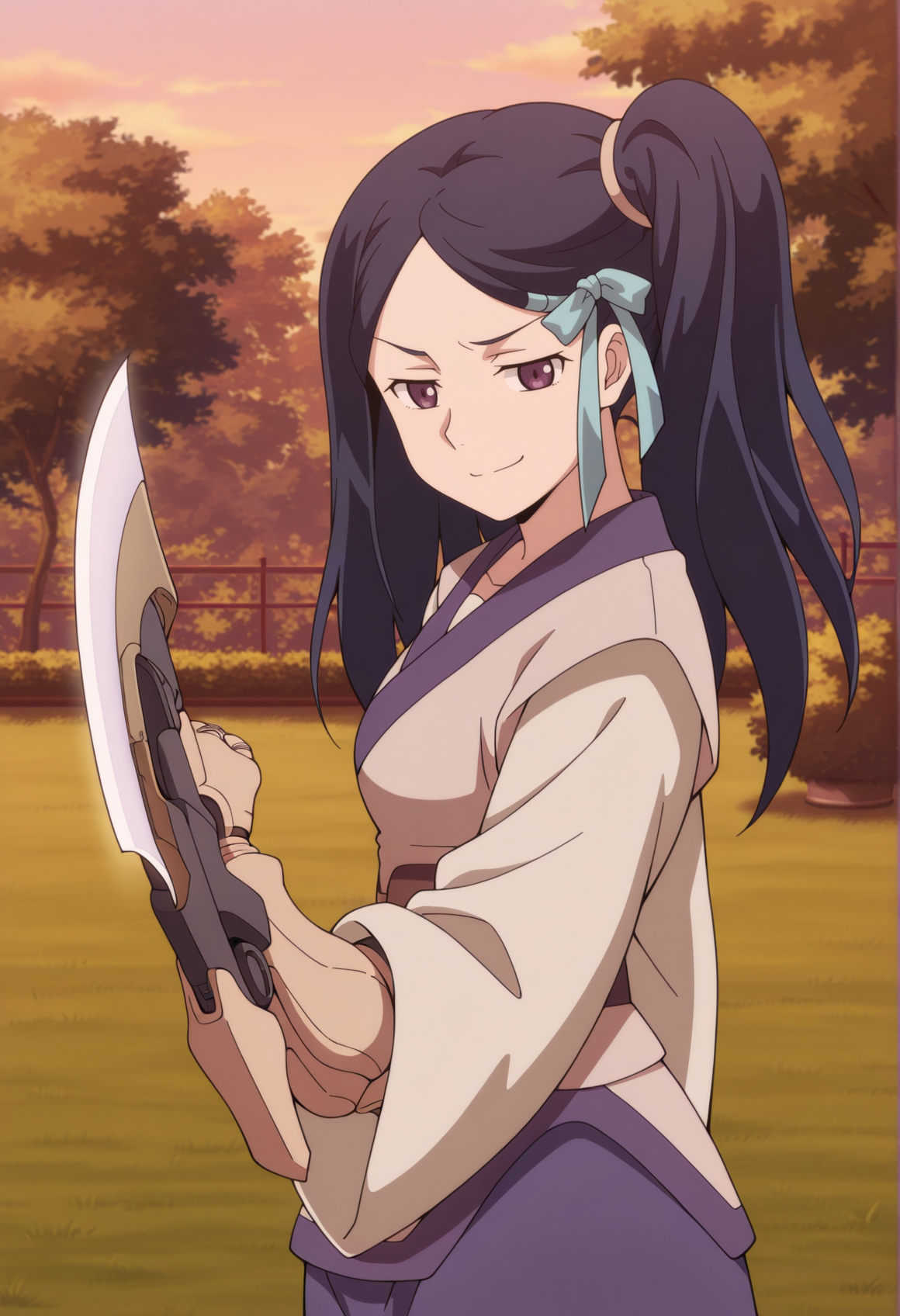 1girl, solo, 1girl, blue hair, purple eyes, long hair, hair ribbon, single sidelock, side ponytail, chinese clothes, long sleeves, mechanical arms, arm blade, smug, outdoors, garden, fighting stance, looking at viewer,  <lora:Ning_ken_en_ken:1>, masterpiece, best quality, amazing quality, very aesthetic, absurdres, highres, newest