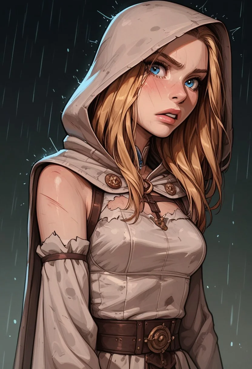 (score_9, score_8_up, score_7_up). (line work, excellent drawing, highest quality, extremely detailed:1.2). solo, 1girl, 24 year old woman, Battle Cleric, saint, vestal, hood, armor, religious, medium breasts, glossy lips, long lashes, blue eyes, blonde hair, innocent, cute face, pale skin, soft skin, scared, determined, injured, slut face, nympho, horseriding skirt, fantasy, dnd, g0thicPXL, romantic, source_cartoon, depth of field, medium distance, cowboy_shot, semirealistic, dynamic angle, side view, in profile, dark background, raining, torn clothes, muddy clothes, dynamic pose, holding a knife, brandishing a knife