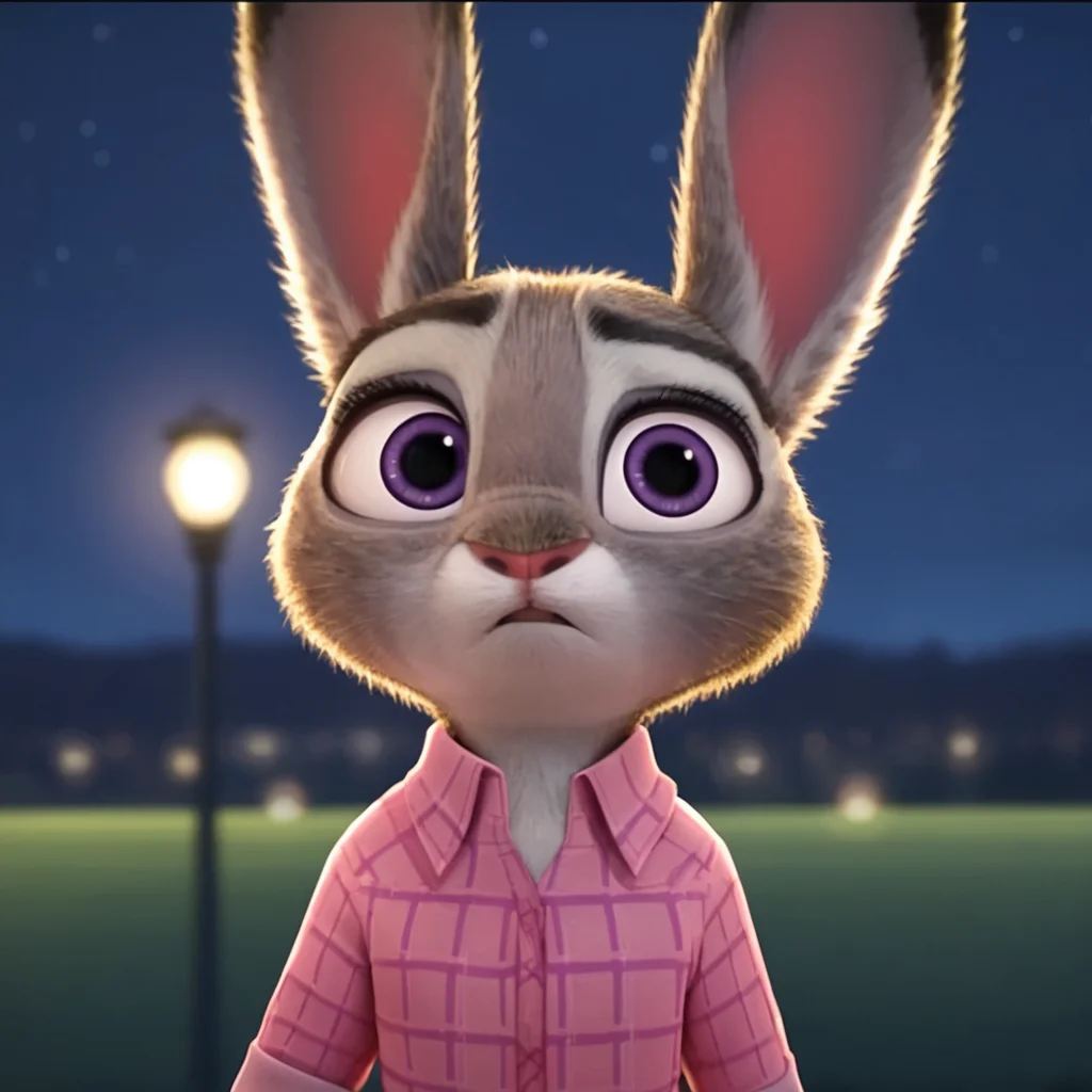 judyhopps confused, dark, night, backlighting, solo, pink shirt, jeans, arms at sides, front view, portrait <lora:judyhopps-v1-ponyv6xl:1>