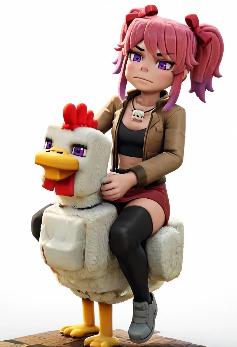 masterpiece,best quality, MCMCG_V1.0-IL, cgi, 3D, 1girl, solo, mikus-concept, minecraft chicken, riding, chicken jockey, sitting, white background, square body, square head, Saiko Bichitaru, Pink Hair, Purple Eyes, pigtails, red ribbons,brown jacket, black croptop, red skirt, skull necklace, black thighhighs, grey shoes,