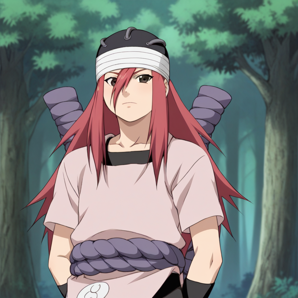 score_8_up, BREAK, 1girl, solo, tayuya, red hair, long hair, brown eyes, tunic, upper body, outdoors, forest,  <lora:Tayuya_Naruto_PXL_Leaf1:1>, arms at sides,