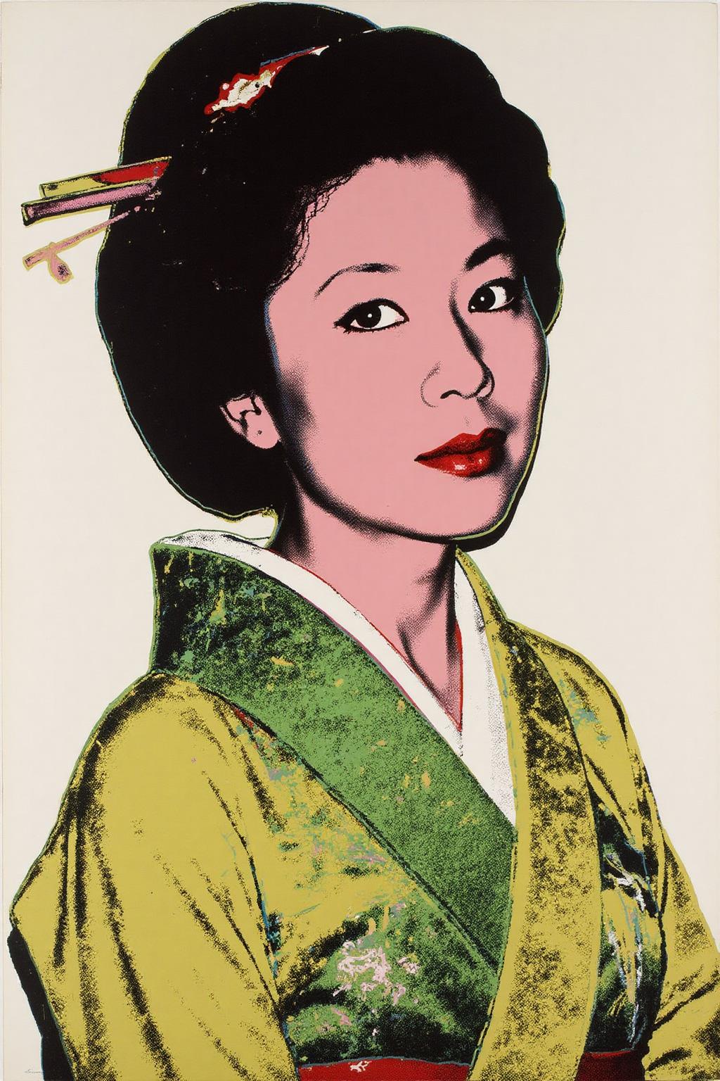 andywarhol1 illustration.
A portrait of a Japanese woman wearing a kimono.  She is turning her head slightly to look at the viewer. <lora:andywarhol1_cap_d6a3:1.0><lora:836294381230099277:0>