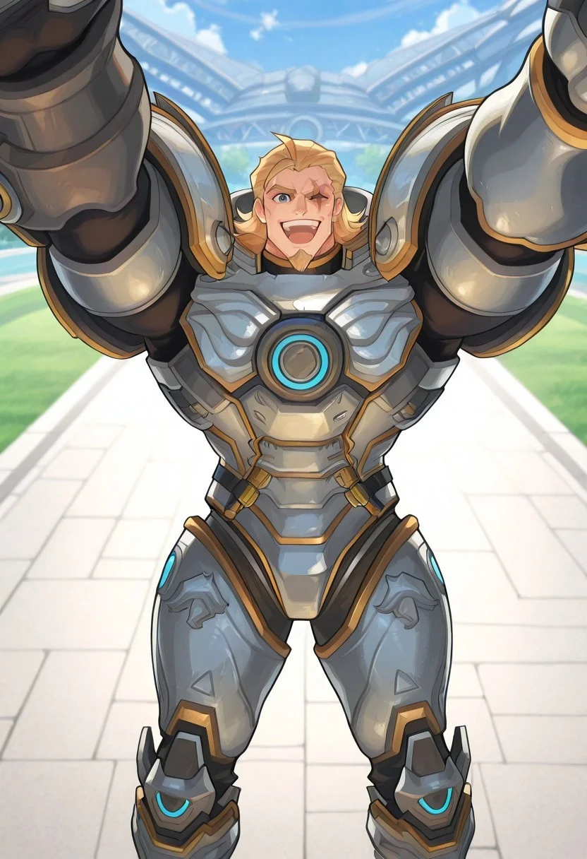2d, anime screencap, animification, anime coloring, reinhardt \(crusader\) \(overwatch\), 1boy, medium hair, blonde hair, goatee, blue eyes, scar across eye, bara, (muscular, bodybuilder, broad shoulders, big arms, large pectorals, thick thighs), armor, pauldron, victory, happy, :d, open mouth, beckoning, reaching towards viewer, one arm up, looking at viewer, very awa, masterpiece, best quality, absurdres, newest, perfect quality, detailed background, intricate details
