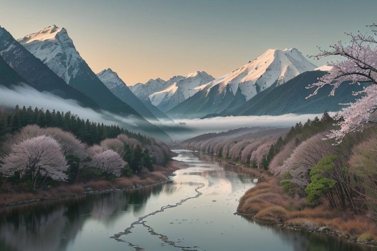 Dawn, vast Japanese mountains, low camera angle, majestic snow-capped peaks, morning sky. Lush green forests, misty valleys, a flowing river, delicate cherry blossoms, tranquil and grandiose landscape, bathed in soft hues of the rising sun