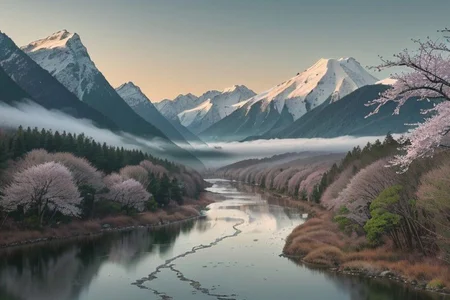 Dawn, vast Japanese mountains, low camera angle, majestic snow-capped peaks, morning sky. Lush green forests, misty valleys, a flowing river, delicate cherry blossoms, tranquil and grandiose landscape, bathed in soft hues of the rising sun