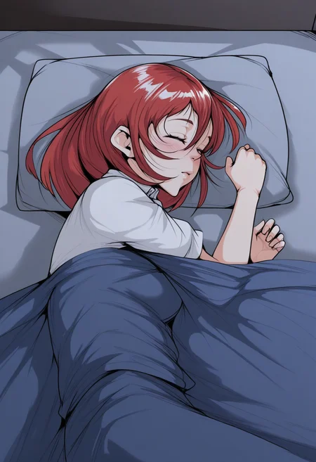 <lora:akys honpo style v1.0:1> akys honpo, akyshonpo, 1girl, young woman, girl, red hair, medium breast, redhead, from above, blush, sleeping on side, pajama, clothed in bed, sleeping over bed sheet, white bed, blue bed sheet, score_9, score_8_up, score_7_up, score_6_up, 1girl, solo, solo focus, female focus, one character in picture, solo in picture, night sky and moon, full moon in dark area, sleeping, closed eyes, relaxed,, on bed, indoor, indoors, in bed, pillow, blanket,