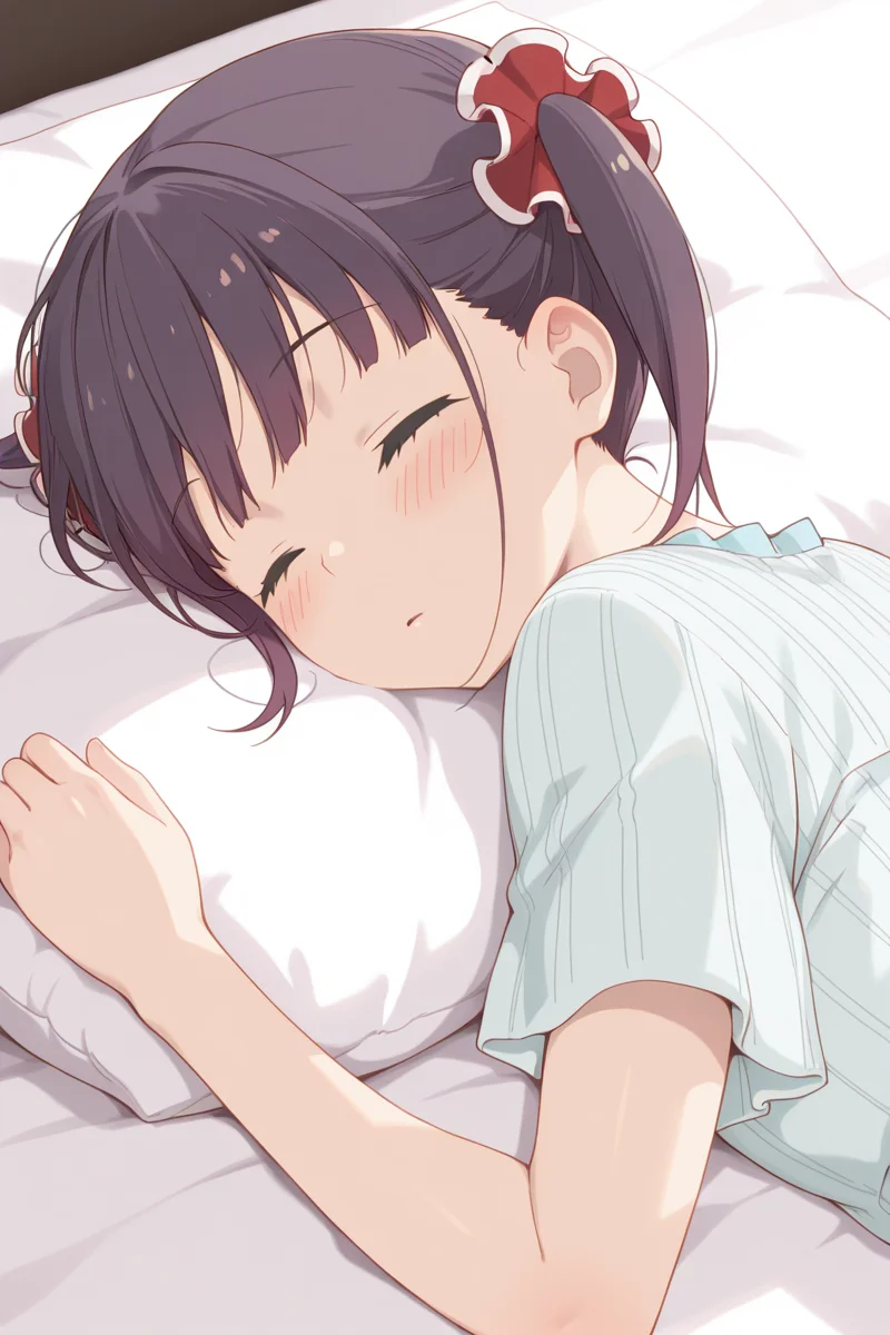 masterpiece, best quality, amazing quality,
 <lora:Shizuku_IL:1> shizuku, solo, closed eyes, sleeping, twintails, pillow, lying, 1girl, blush, on stomach, hair ornament,