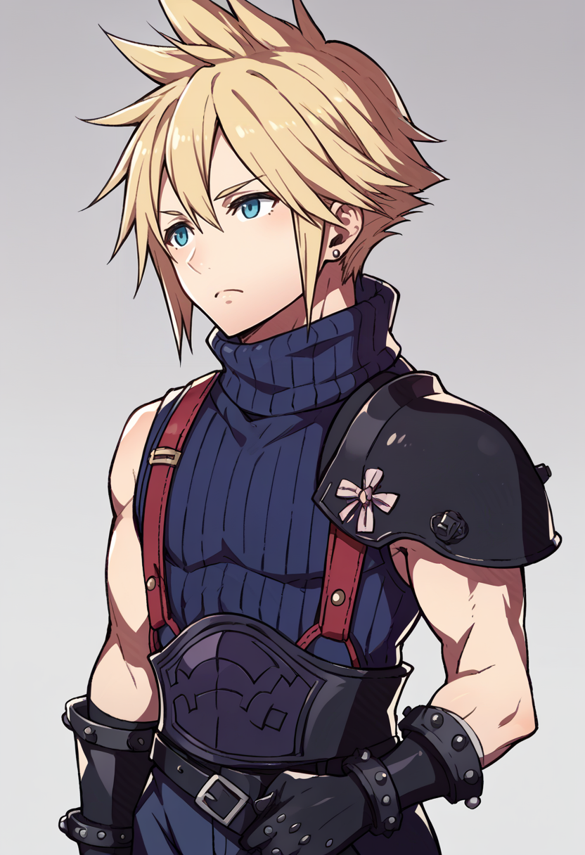 score_9, score_8_up, score_7_up, source_anime BREAK, 1boy, solo,
<lora:zs_FatesPortraitsXL:1> fatesportraits, portraits, white background
 <lora:cloudstrife-pdxl-nvwls-v1:1> defCloud, blonde hair, single earring, suspenders, shoulder armor, dark purple sleeveless turtleneck, belt, baggy pants, blue pants, gloves, boots,