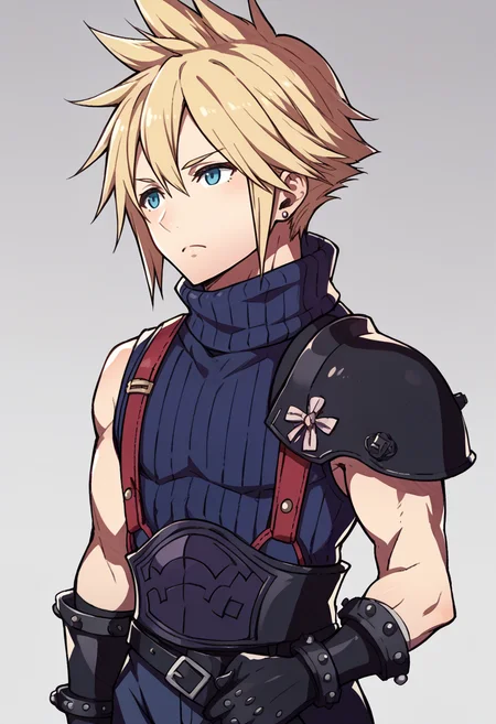 score_9, score_8_up, score_7_up, source_anime BREAK, 1boy, solo,
<lora:zs_FatesPortraitsXL:1> fatesportraits, portraits, white background
 <lora:cloudstrife-pdxl-nvwls-v1:1> defCloud, blonde hair, single earring, suspenders, shoulder armor, dark purple sleeveless turtleneck, belt, baggy pants, blue pants, gloves, boots,