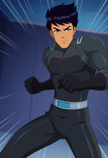 embedding:Illustrious\Positive\IllusP0s, embedding:Illustrious\Positive\IllustriousQual, 1boy, ss6_blaine_ts!, male focus, solo, upwards spiky hair, black hair, green eyes, muscular, bodysuit, navy grey catsuit, metallic shoulder pads, black gloves, silver belt, fist, charging, action, emphasis lines, motion blur, particles, dutch angle shot, vfx, depth of field, best quality, high resolution,