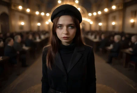 Focus Pito from slightly above she is wearing a black scarf, black wool French beret, black and white cable knit sweater, solid black pleated pants, holding a long cinerite un lit and stands in front of the Eiffel tower 35mm photograph, film, bokeh, professional, 4k, highly detailed,