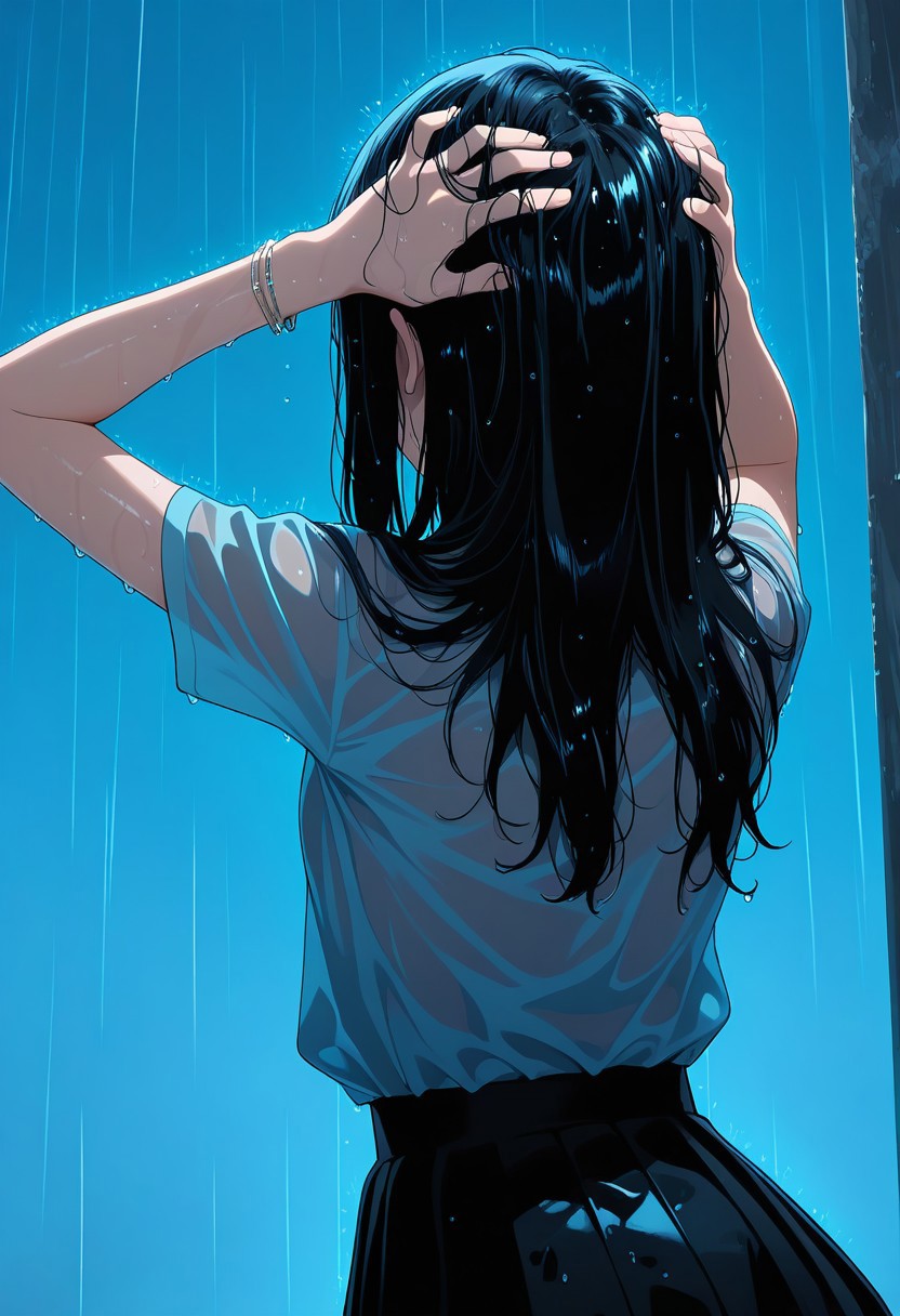masterpiece, best quality, amazing quality, LDSCH, aesthetic, 1girl, solo, rain, long_hair, black_hair, shirt, short_sleeves, bracelet, blue_background, jewelry, skirt, from_behind, upper_body, black_skirt, wet, outdoors, hands_up, blue_shirt, hands_on_own_head, wet_hair