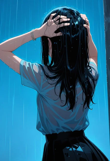 masterpiece, best quality, amazing quality, LDSCH, aesthetic, 1girl, solo, rain, long_hair, black_hair, shirt, short_sleeves, bracelet, blue_background, jewelry, skirt, from_behind, upper_body, black_skirt, wet, outdoors, hands_up, blue_shirt, hands_on_own_head, wet_hair