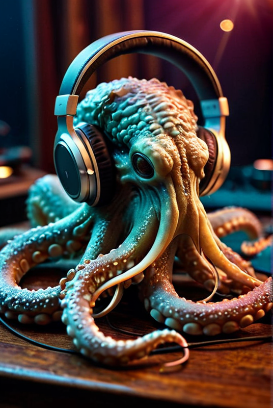 analog photo,photoart_style,realistic,film grain,4k,Kraken is listening to music with headphones,volumetric natural light, epic atmosphere,perfect composition, highly detail, enchanted,deep rich vivid colors, perfect symmetry,  great composition, complimentary colors, beautiful elegant stylish, intricate detail