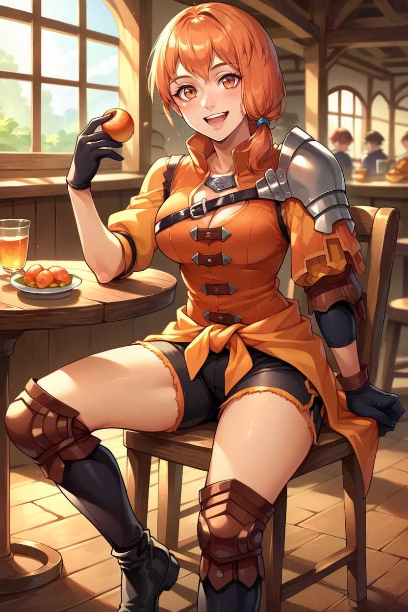 score_9, score_8_up, score_7_up, score_6_up, source_anime, BREAK 1girl, solo <lora:leonie-pdxl-nvwls-v1-000005:1> warLeonie, orange hair, medium hair, orange eyes, shoulder armor, orange tunic, black shorts, clothes around waist, black gloves, knee pads, black boots, cleavage, sitting, chair, table, food, happy, looking at you, indoors, tavern
