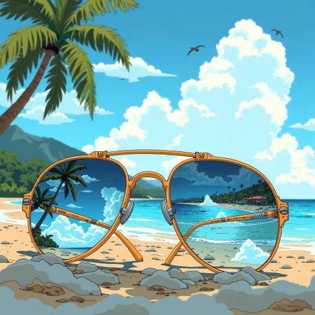 anime, sunglasses on the ground, in the glass of the sunglasses you can see reflection of sea and sky, summer vibe