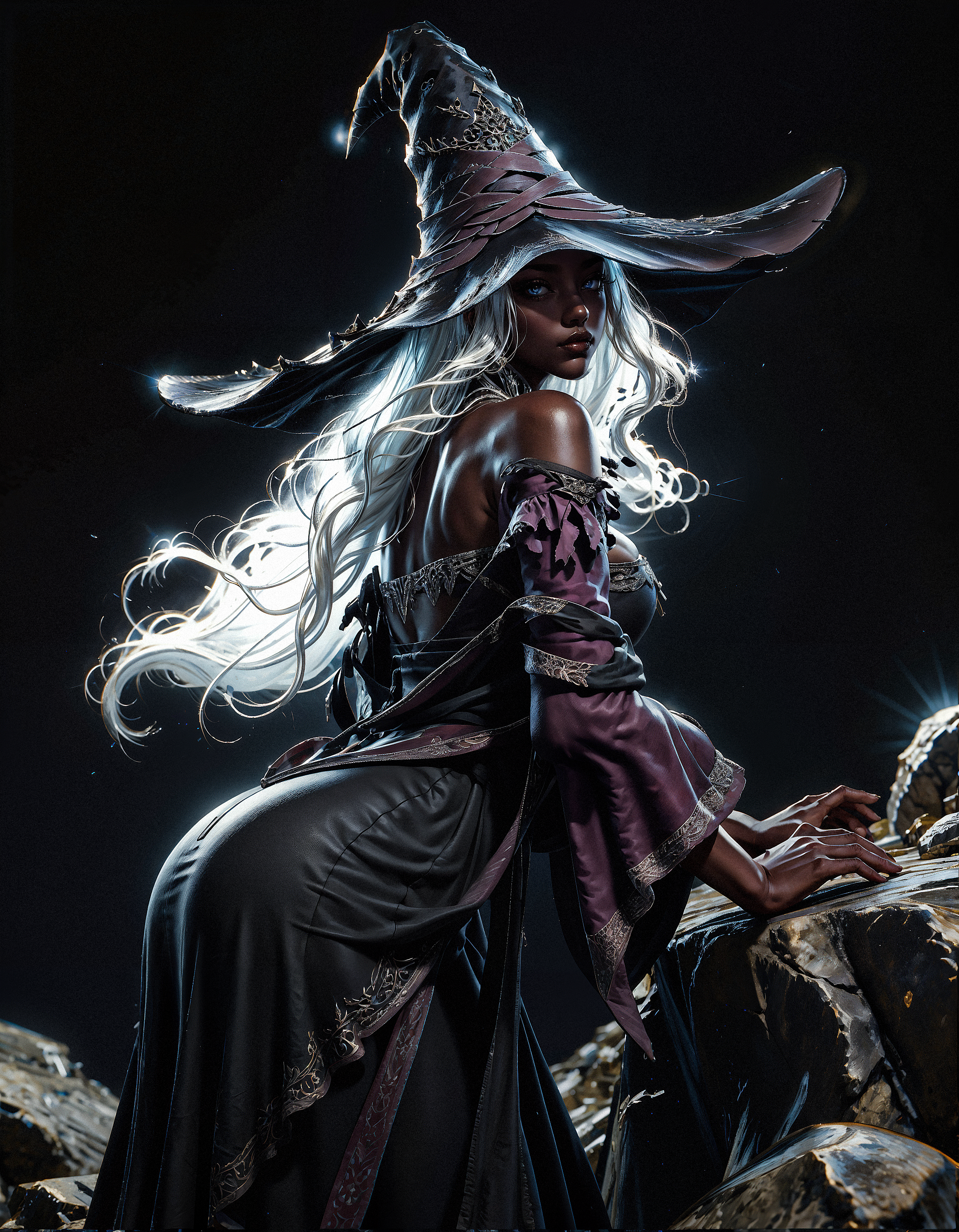 score_9, score_8_up, score_7_up, score_6_up, score_5_up, score_4_up,  RecluseER, 1girl, white hair, witch hat, dark skin, dress, side view, 8k, absurdres, best quality, looking at viewer, leaning forward, black stone, (black rock:1.3), curvy, perfect curves, (black background, simple background:1.2)  <lora:PonyRecluseER-000008>