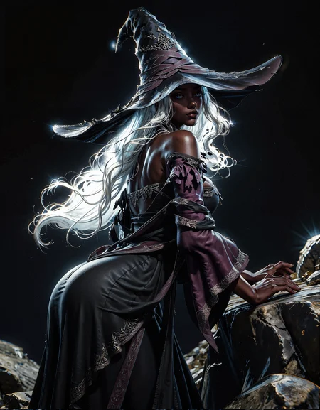score_9, score_8_up, score_7_up, score_6_up, score_5_up, score_4_up,  RecluseER, 1girl, white hair, witch hat, dark skin, dress, side view, 8k, absurdres, best quality, looking at viewer, leaning forward, black stone, (black rock:1.3), curvy, perfect curves, (black background, simple background:1.2)  <lora:PonyRecluseER-000008>