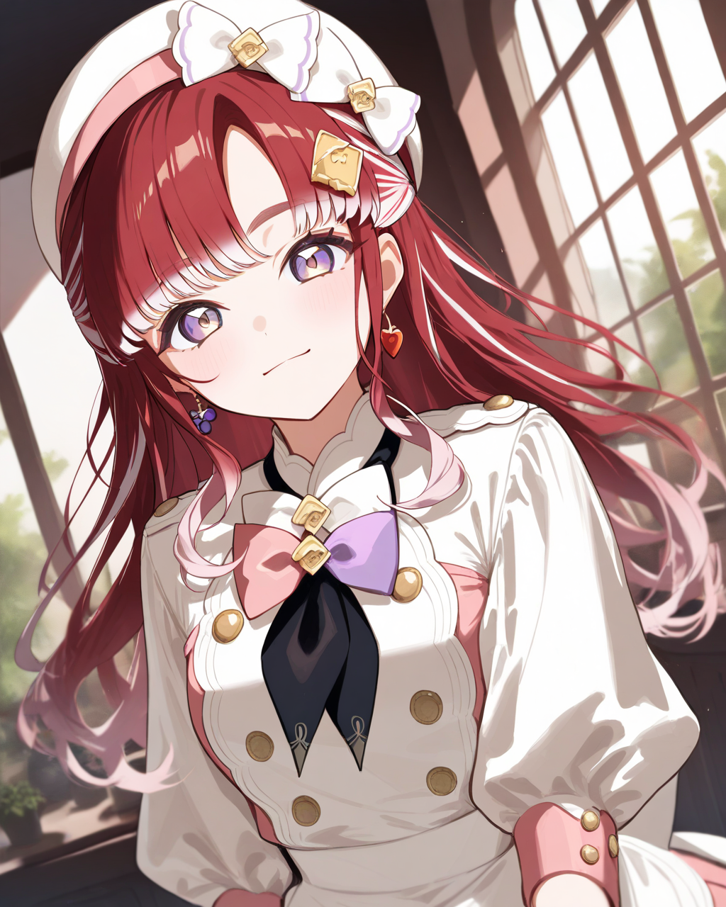 1girl,
SaotomeBerryNijisanji,
safe, solo, dutch angle, upper body,
light smile,
white headwear,
hat bows,
earrings,
hair ornament,
white jacket, double-breasted, black neckerchief,
bowtie,
pink dress, frilled dress,
puffy sleeves, gloves,
white apron,
depth of field,
<lora:kp_SaotomeBerryNijisanji1stCostumeAnimagineXL_v1_1:1.0>,
masterpiece, high score, great score, absurdres