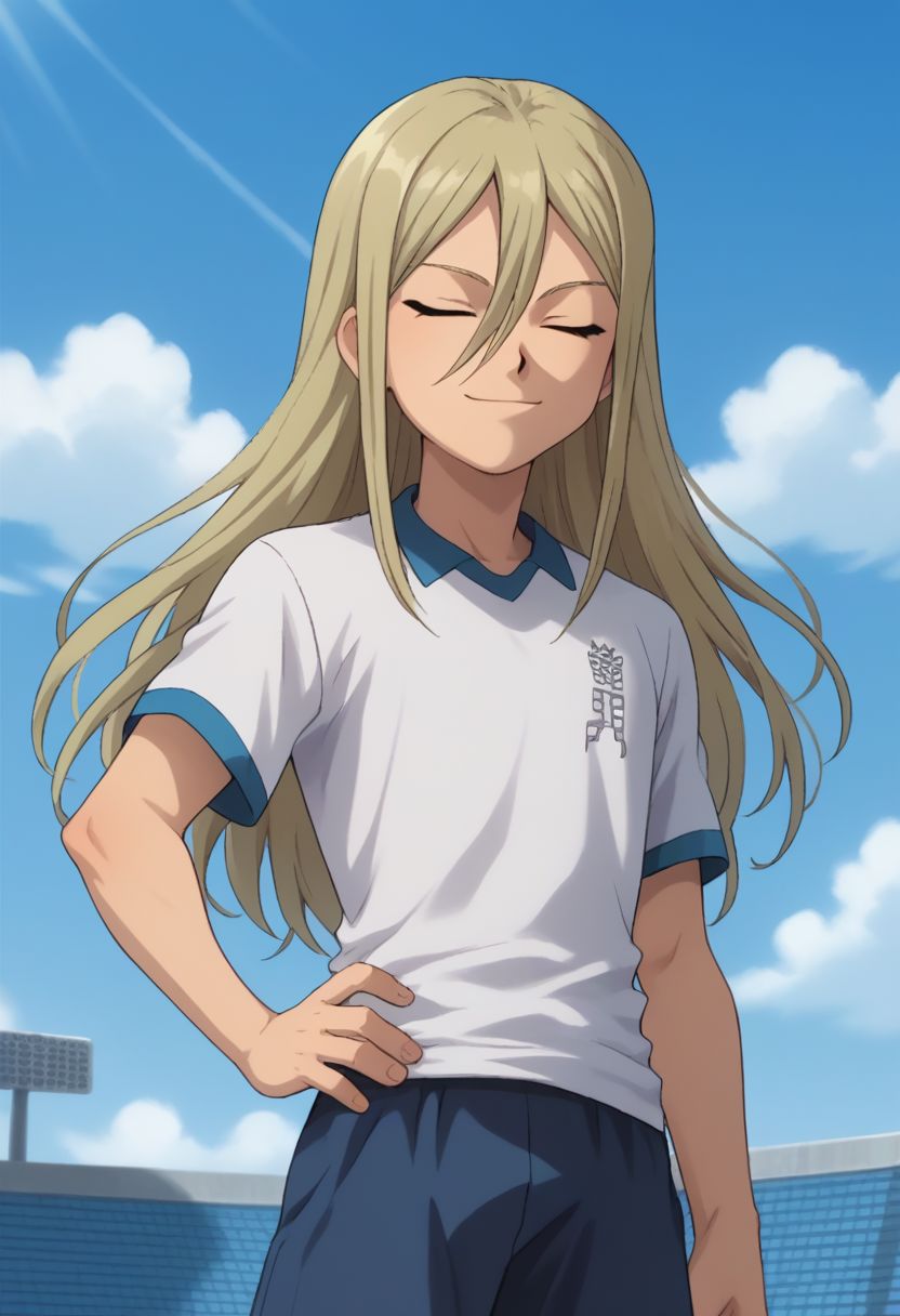 core_9, score_8_up, score_7_up, source_anime, highly detailed, slender, skinny, cute, 1boy, solo, male_focus,
byron, 1boy, male focus, soccer uniform, closed eyes, sportswear, long hair, solo, blonde hair, cloud, sky, day, smile, hand on hip,