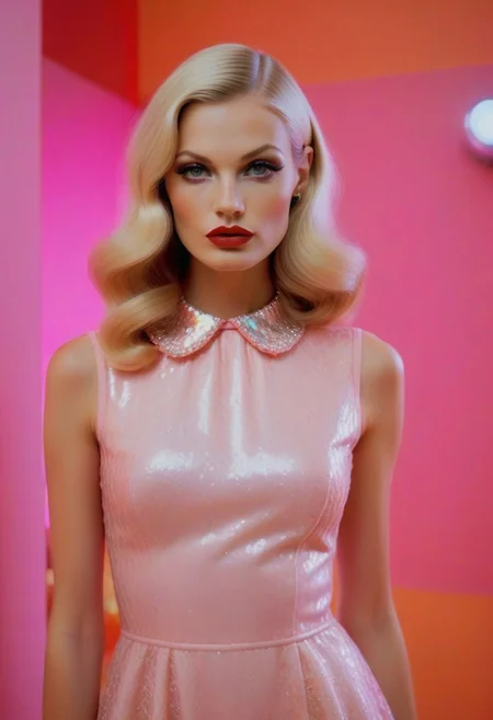Marianna Rothen Style page, a woman with long blonde hair, lace collar, sleeveless sequin mini-dress, surreal avant-garde style, bright spotlights, pink and orange colored walls, mark ryden and lisa frank, beauty campaign, still image from tv series, glossy red lipstick, maxim cover, pink glitter eyeliner, dark mascara, supermodel, flash photograph, terry richardson, mark jacobs, high heels, long legs