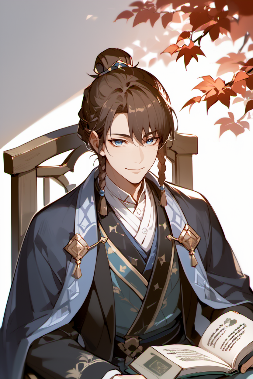 score_9, score_8_up, score_7_up, masterpiece, 1boy, solo, best quality,
hujia, single hair bun, twin braids, brown hair, blue eyes, swept bangs, 
autumn leaves, (black jacket:1.3), chair, cloak, collared shirt, east asian architecture, floral print, looking at viewer, open jacket, frowns, shirt, sitting, smile, solo, upper body, book, read a book,
 <lora:HuJiaPonyV2:1>