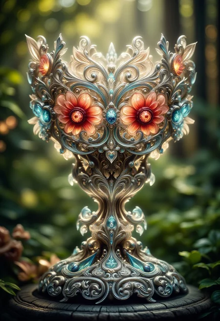 hyperdetailed ultra-detailed realistic, detailmaximizer,
extremely detailed best quality, reality-shot, realism, realistic photography of a an elaborate crystal chalice, with very small ornaments, in many different vibrant colors.
The crystal chalice is placed on a pedestal in the middle of a lush garden, intricate details, ultra sharp, exquisite detail, flawless composition, vivid colors, masterpiece, exciting background. , High Definition HD, High Detail, Perfect Composition, dark fantasy movie, cowboy shot, bokehmachine, bokeh
