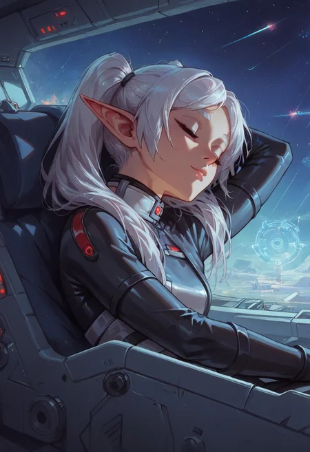 score_9, score_8_up, score_7_up, score_6_up, perfect face, perfect eyes,,4ng3l face , 1girl, solo,
nereirfpnxl,frieren, elf, white hair, green eyes, twintails, , white tight plugsuit, latex, resting, relaxing, ((sleeping, eyes closed)), light smile,
gundamwingcockpit, futuristic, scifi, controls, joystick, holographic interface, technology, spaceship, (stars),