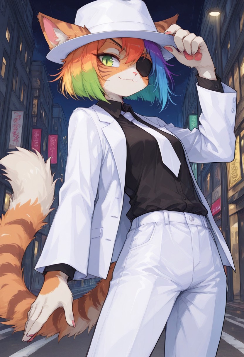 score_9, score_8_up, score_7_up, masterpiece, best quality, high quality, sharp lines, solo, luminescent background, 1girl, furry, fur, fur covered,
BREAK, anthro, skinny, petite body, small breasts, domestic cat, furry female, green eyes, orange fur, white belly, short haircut, rainbow hair, green eyes, white jacket, white pants, white fedora, black shirt, white tie, eye patch, small smile, determined, hand on hat, dynamic pose, night street, under street light, detailed background, close up, colorful