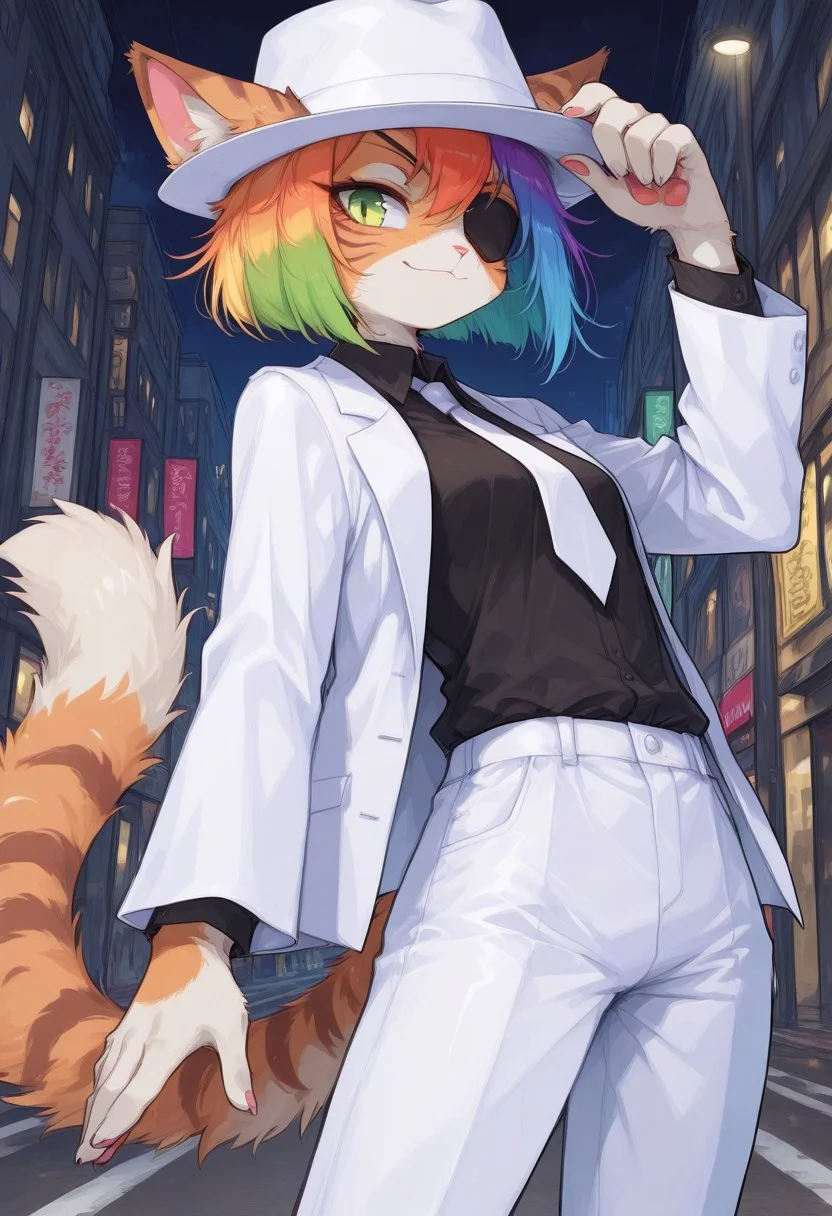 score_9, score_8_up, score_7_up, masterpiece, best quality, high quality, sharp lines, solo, luminescent background, 1girl, furry, fur, fur covered,
BREAK, anthro, skinny, petite body, small breasts, domestic cat, furry female, green eyes, orange fur, white belly, short haircut, rainbow hair, green eyes, white jacket, white pants, white fedora, black shirt, white tie, eye patch, small smile, determined, hand on hat, dynamic pose, night street, under street light, detailed background, close up, colorful