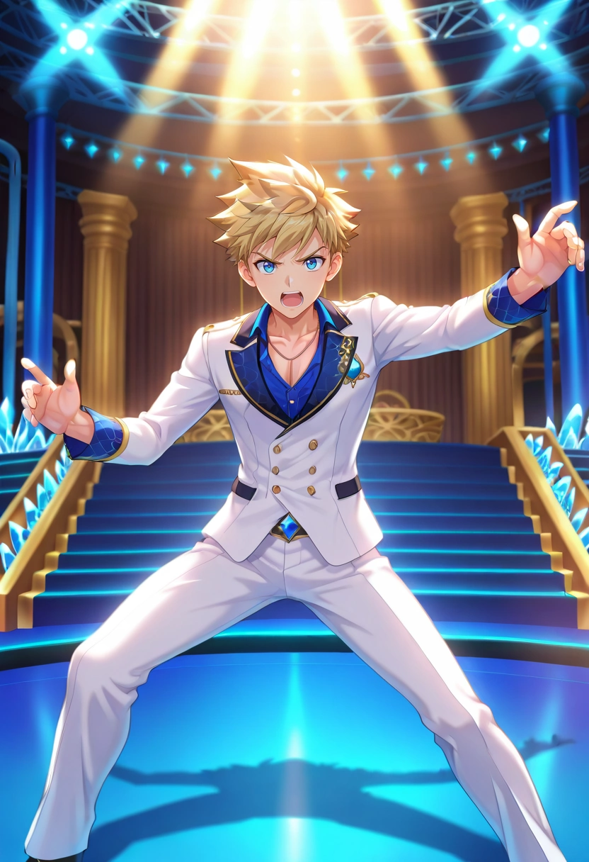 masterpiece, best quality, intricate details, anime screencap, , , looking at viewer, depth of field, 1boy, solo, male focus, <lora:connor_bleufin_ilxl:0.94>, connor_bleufin, blonde hair, blue eyes, short hair, spiked hair, , , crystal theater, gem seats, light stage, performance space, performing pose, dramatic expression, stage lighting, ,