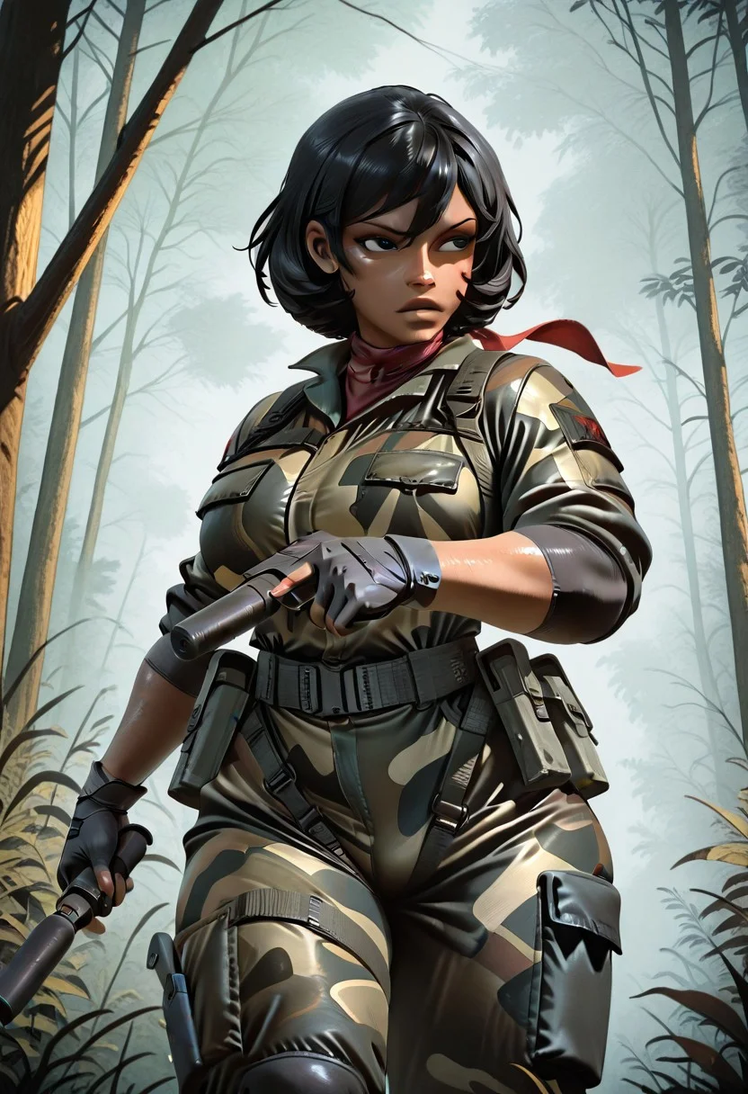 1girl, Lisa, dark skkin, dark-sinned female, black hair, short hair, black eyes, green camo suit,  red bandana, curvy body, fingerless gloves, pistol x tac knife, holding gun, suppressor, holding pistol and knife, upper body, jngl3, outdoors, nature, masterpiece, best quality, amazing quality,