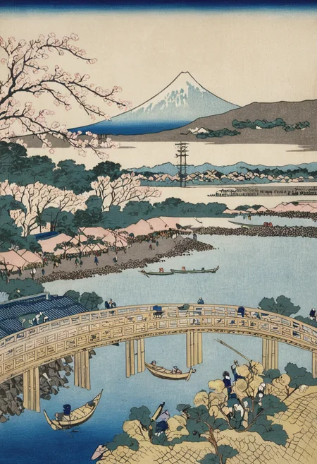 wooden arch bridge, river, crowd, mount fuji, boats, cherry tree, scenery, outdoors, (best quality), highly detailed, KHsty-XL <lora:KHsty-XL-v3-000020:0.9>