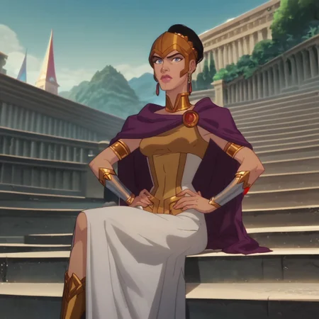 score_9, score_8_up, score_7_up, 1girl, solo, lipstick, black hair, hair bun, blue eyes, cape, jewelry, earrings, dress, armor, helmet, bracers, boots, HippolytaBL, outdoors, lookin at viewer, hands on hips, sitting, sitting on stairs, cartoon_screencap