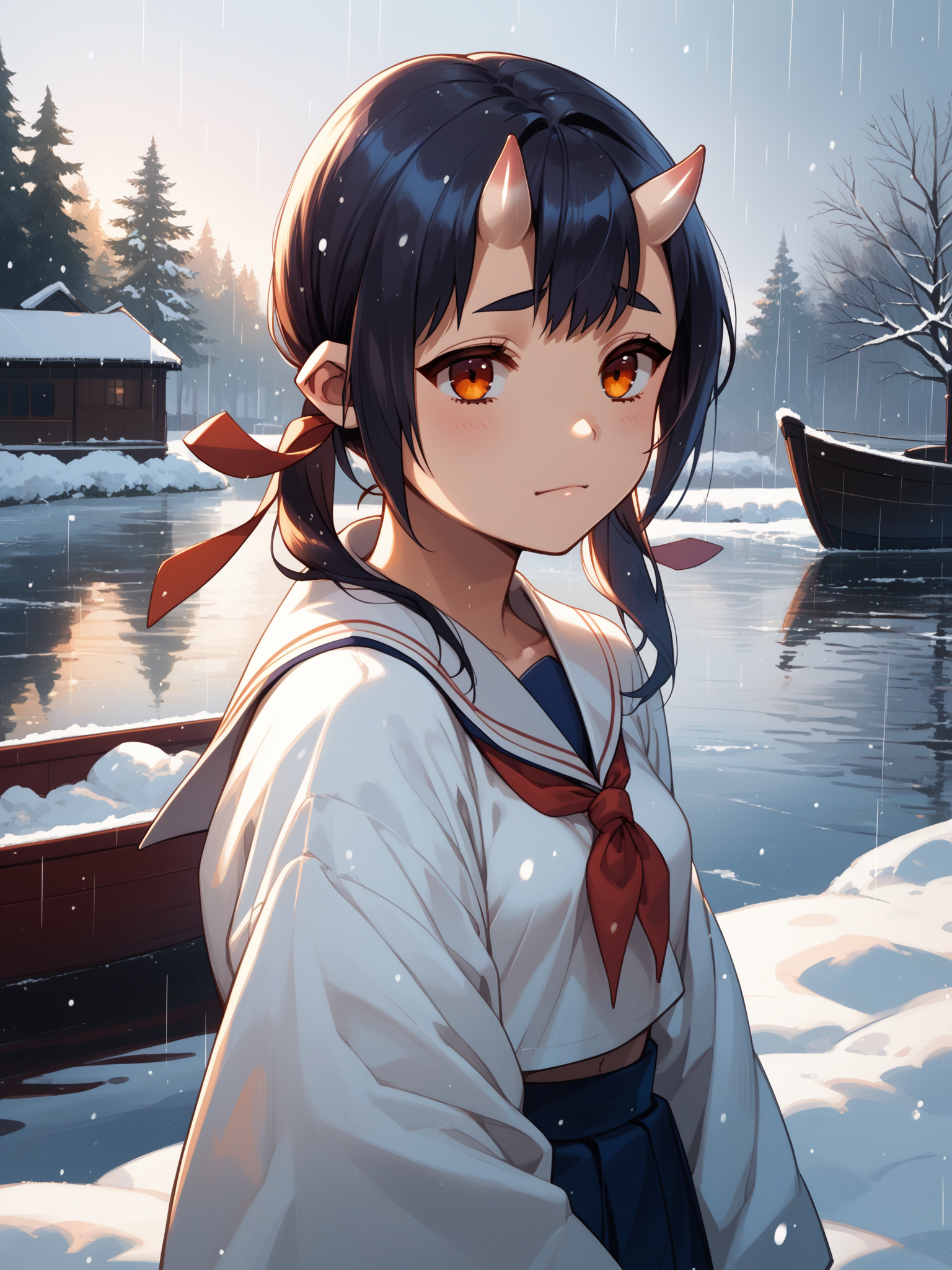 (cowboy shot, solo focus:1.2) <lora:happy_tentacle-momiji-v0.1-000024:0.9>, ht_momiji, hair ribbon, small breasts, (petite:1.2), <lora:Shed_The_Skin's StS_age_slider_v1_initial_release:-1> ( :1.1) (perky breasts:1.2) ( , , (sad :1.2) , smile , looking up :1) , outdoors, vegetation, ( :1.1), winter, snow , (dawn :0.6), rain , (:0.5), , (european architecture :0.9), boat, mast, sailor ( :0.8) score_9, score_8_up, score_7_up, score_6_up, score_5_up, score_4_up, ( [(realistic, photorealistic:1.3):(realistic:1.2):16] [(3d:1.2)::14] :1) <lora:LUUNA's Lunas-NijiJourney-SDXL-B2:0.4>, nijijourney <lora:prgfrg23's Counterfeit-V3.0 Style SDXL_LoRA_Pony Diffusion V6 XL:0.5> <lora:mfcg's mfcgXL:0.12> <lora:reweik's gyokai(himehajime)_PonyXL_style_v01:0.14>