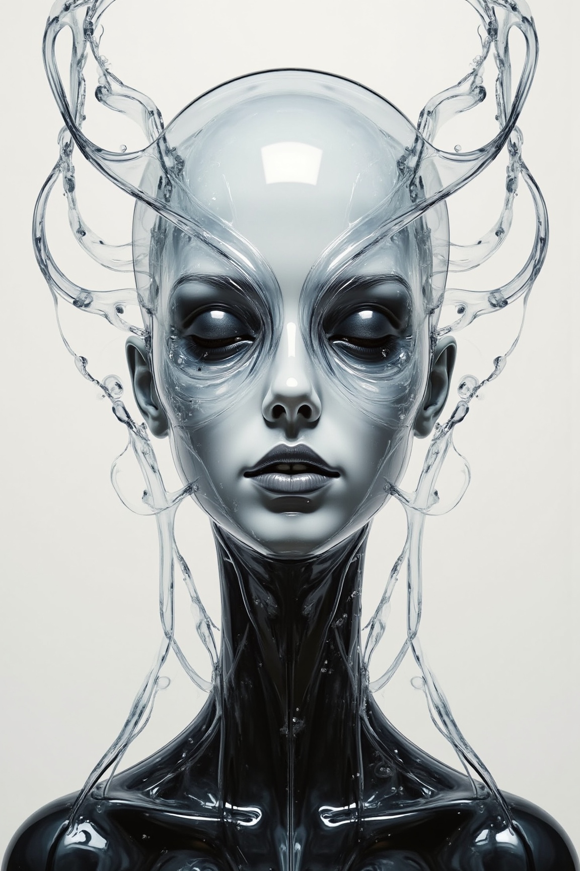 Acrylic, Translucent style, A surreal visual exploration of the 'sound of silence' unfolds in a dreamlike realm where deep, melancholic murmurs merge with a serene, understated calm. In this enigmatic space stands a spectral figure whose presence is both grand and delicateâmonumental in its quiet depth yet intimate in its subtlety. Though its eyes are shrouded in darkness, it sees all with an inner clarity that defies sight, embodying the paradox of being blind yet all-seeing. Soft, ethereal voices ripple through the air, layering the long, beautiful silence with whispers of sorrow and hidden hope. A gentle, enigmatic smile hints at a life experienced beyond the visual, where every contrast of dark and light, vast and minute, is felt rather than seen. Rendered in refined inkwork with flowing, precise lines and delicate minimalistic shading, the composition captures an artistic, poetic balance of melancholic elegance and quiet resilience.